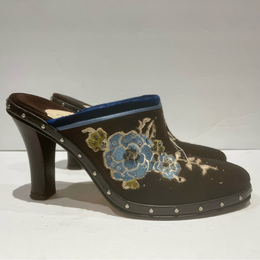 Cole Haan Kyrene Brown Suede Floral Embroidered Y2K Platform Mule Clogs - Size 7